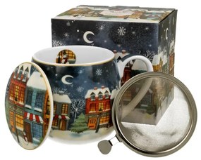 Karácsonyi porcelán bögre fém szűrővel tetővel díszdobozban Christmas City