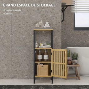 HOMCOM Alacsony Bambusz Fürdőszekrény 1-ajtós Szekrénnyel és Nyitott Félhellyel 32 x 30 x 90,5 cm, Fekete és Fa | Aosom