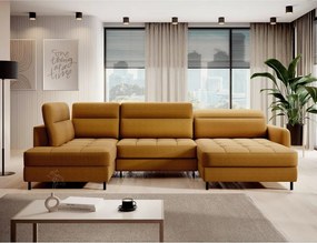 Sárga bársony kinyitható-tárolóhelyes sarokkanapé (bal oldali-U alakú) Berrto – ELTAP