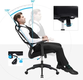 Ergonomikus irodai szék deréktámasszal, állítható fejtámlával és kartámasszal, fekete