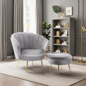 Elegáns Fotel Lábtartóval Szürke Bársony Kárpittal. GRAND