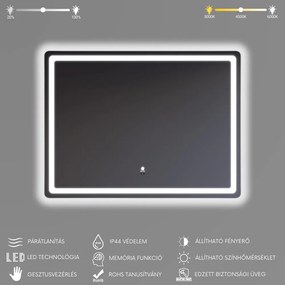 Fekvő fürdőszobai LED tükör 80x60cm | Gesztusvezérlés - Páramentesítő - Fényerő és színhőmérséklet szabályozás | Welland Type20H