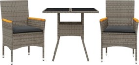 vidaXL 3 részes szürke polyrattan/üveg kerti étkezőgarnitúra párnával