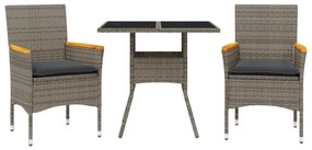 vidaXL 3 részes szürke polyrattan/üveg kerti étkezőgarnitúra párnával