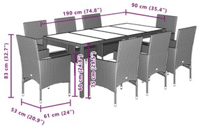 9 részes szürke polyrattan/üveg kerti étkezőgarnitúra párnával