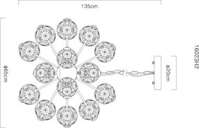 Globo 16023H2 Függesztett lámpa, arany színű fém, átlátszó üvegkristályok, ø: 650 mm, M: 1350 mm, LED 70 W, 7600lm forrás, 6800lm kimenet, 3000K