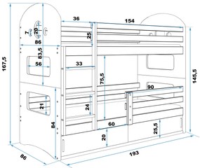 Emeletes ágy 80 x 190 cm Domur (fenyő + grafit) (ágyrácsokkal és tárolóhellyel). Akció -29%. 1056536