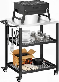 Outsunny 3 szintes grillkocsi – rozsdamentes munkalappal, állítható polcokkal, kerekekkel és fékekkel – fekete | Aosom