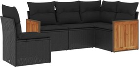 vidaXL 5 részes fekete polyrattan kerti kanapészett párnákkal