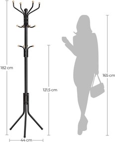 Álló fogas 12 kampóval, stabil fém kabáttartó,182 cm magas, fekete