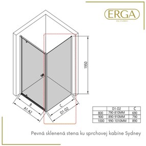 Erga Sydney, fix zuhanyfal 90x195 cm, 6mm átlátszó üveg, fekete profil, ERG-V02-SYDNEY-G090-BK