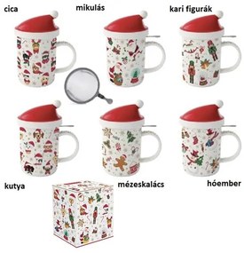 R2S.1345CRFR Porcelánbögre 370ml, tetővel, fémszűrővel,dobozban, Christmas Friends