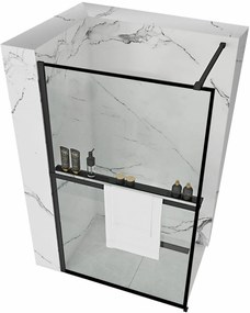 Rea Bler, zuhany paraván 90x195 cm, 8mm átlátszó üveg, fekete matt profil + EVO polc és akasztó, 40911