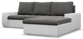 Toronto sarokkanapé, 2 ágyneműtartóval, bársony + műbőr, jobboldali, szürke - fehér