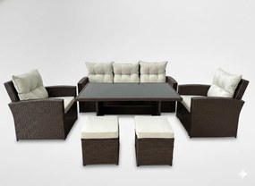 NAGY KERTI BÚTORSZETT (KANAPÉ, 2 FOTEL, 2 PUFF, ASZTAL) - BARNA, PÁRNÁK - BÉZS