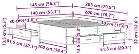 Fiókos Ágykeret Fekete tölgy Szerelt fa 140 x 200 cm Tárolás