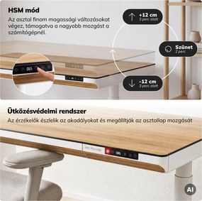 Elektromos ülő-álló íróasztal fiókkal és Qi vezeték nélküli töltővel fehér/aranytölgy, 1400 mm: ELLIS
