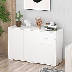 HOMCOM Nappali Tálaló 3 Ajtóval, 2 Fiókkal és Állítható Polccal Konyhába és Hálószobába - Antitipli, 117x36x74 cm Magas Fényű Fehér | Aosom