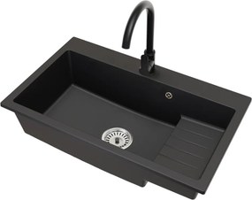 Gránit mosogató szifonnal és csepegtető felülettel, fekete, 80x48, RONA