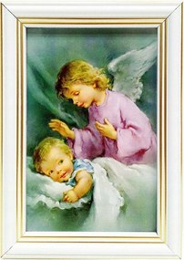 Vászonkép 10x15cm Őrangyal (rózsaszín ruha) keret fehér