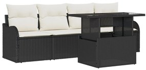 5 részes kerti kanapé készlet párnákkal fekete poli rattan, 2 fős kerti kanapé tárolóval és párnákkal fekete poli rattan
