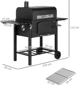 Outsunny Faszenes BBQ grillsütő, állítható faszéntároló rekesz, oldalsó polcok, fekete