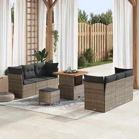 9 Részes Kert Kanapé Szett Párnákkal Szürke Poly Rattan Akác, 3 Részes Kert Étkező Szett Párnákkal Szürke Poly Rattan Akác