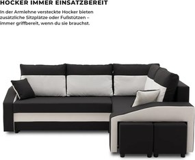 Grande sarokkanapé polcokkal és puffokkal , polc a bal karfaban puffok a jobb karfaban, jobboldali, szövet anyag, bonell töltet, fekete - fehér