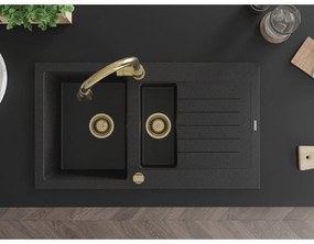 Mexen Matias, gránit mosogató 900x505x200 mm, 1,5 kamrás, fekete-ezüst metál arany szifonnal, 6502901505-73-G