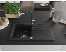Mexen Cesar, 1 kamrás gránit mosogató 775x470x190 mm és Flora mosogató csaptelep, fekete, 6514-77-670401-07