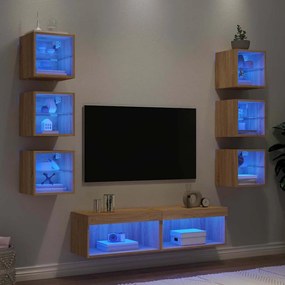8 darab füstös tölgy színű szerelt fa TV-bútor LED-del
