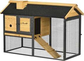 PawHut 2-szintes fa nyúlketrec nyitott területtel, aszfalt tetővel, eltávolítható tálcával, ajtókkal és rámpával - 120 x 55,5 x 80 cm | Aosom