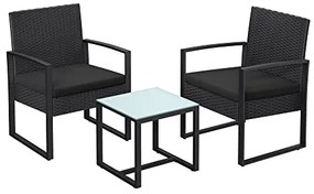 Kerti bútorszett, terasz ülőgarnitúra, polyrattan, asztal és 2 szék, fekete