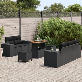 8 Részes Kerti Kanapé Készlet Párnákkal Fekete Poli Rattan Akác, 3 Részes Kerti Étkező Készlet Párnákkal Fekete Poli Rattan Akác