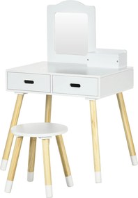 ZONEKIZ Lányok Fodrászasztal Gyermek Fa Fodrászasztal Székkel és Tükörrel Szépségközpont 2 Fiókkal Oktató Játék Lányoknak 3-6 Éveseknek 60x40x95 cm Fe