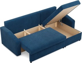 Zeus sarokkanapé, 1 ágyneműtartóval, döntött kartámasz, kordbársony, univerzális oldal, hab töltet, kék