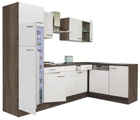 Yorki 280 sarok konyhablokk yorki tölgy korpusz,selyemfényű fehér fronttal felülfagyasztós hűtős szekrénnyel
