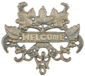 Öntöttvas patinás arany-kék kacskaringós borostyán leveles felületre szerelhető welcome tábla 17,5x19x2cm