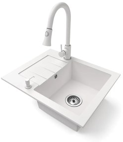 Gránit mosogatótálca NERO Monza + kihúzható zuhanyfejes Snake csaptelep + dugókiemelő (fehér)