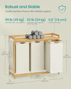 Szennyeskosár 3 rekesszel, 3 x 50 l, 94 x 33 x 78 cm, krémfehér