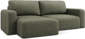 Zöld kordbársony kinyitható-tárolóhelyes sarokkanapé (bal oldali-heverő résszel) Kona – Makamii