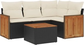 vidaXL 5 részes fekete polyrattan kerti kanapészett párnákkal