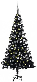 Fekete PVC műkarácsonyfa LED-fényekkel és gömbszettel 180 cm