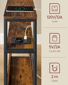 Keskeny oldal asztal töltő funkcióval 3 polcos, 18 x 45 x 58 cm rusztikus barna