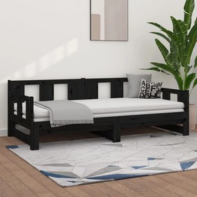 fekete tömör fenyőfa kihúzható kanapéágy 2 x (80 x 200) cm