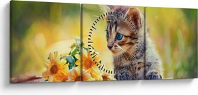 Macska képe ahogy a virágot nézi (órával) (90x30 cm)