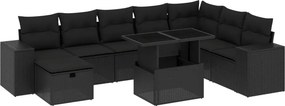 vidaXL 9 részes fekete polyrattan kerti ülőgarnitúra párnákkal