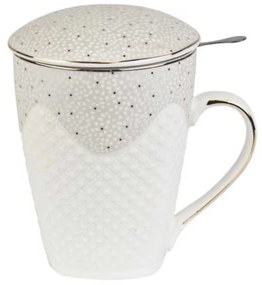 Porcelán teás bögre tetővel és fémszűrővel 430 ml pöttyös