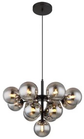 Globo 56143-13 Függeszték fém fekete matt, füstszínű üveg gömbök, fekete textil kábel, magassága lerövidíthető, ø: 560mm, M: 1200mm, 13x G9 LED 5W 230V izzók nélkül