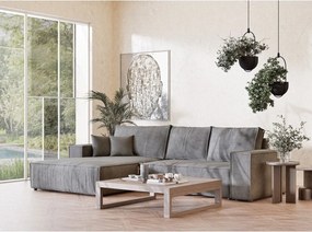 Szürke zsenília kinyitható-tárolóhelyes sarokkanapé (bal oldali-heverő résszel) Maze – Maison de Rêve